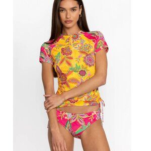 NWT Johnny Was Sunshine and Flamingo Drawstring Surf Shirt Multicolor Floral UV